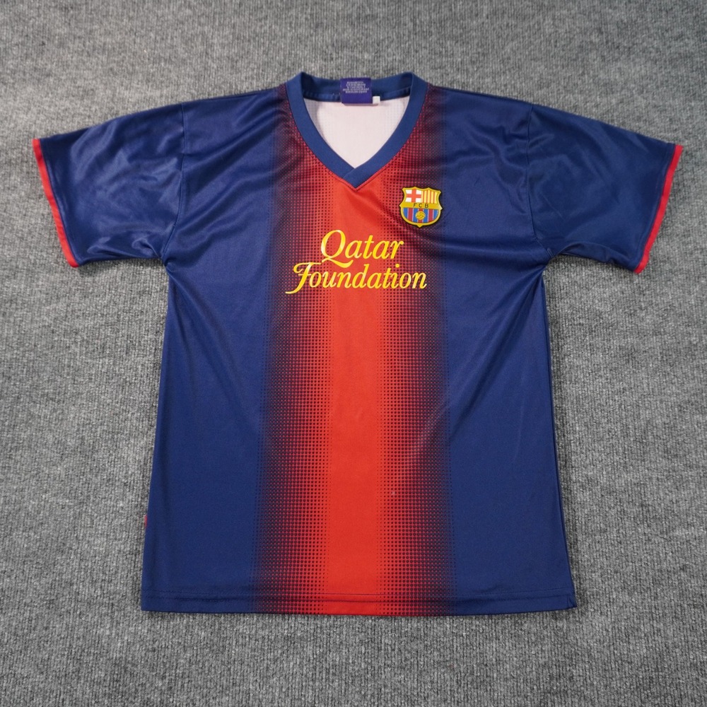 FC Barcelona Soccer Jersey Kids XL Blue Red Qatar Foundation V-Neck Shirt